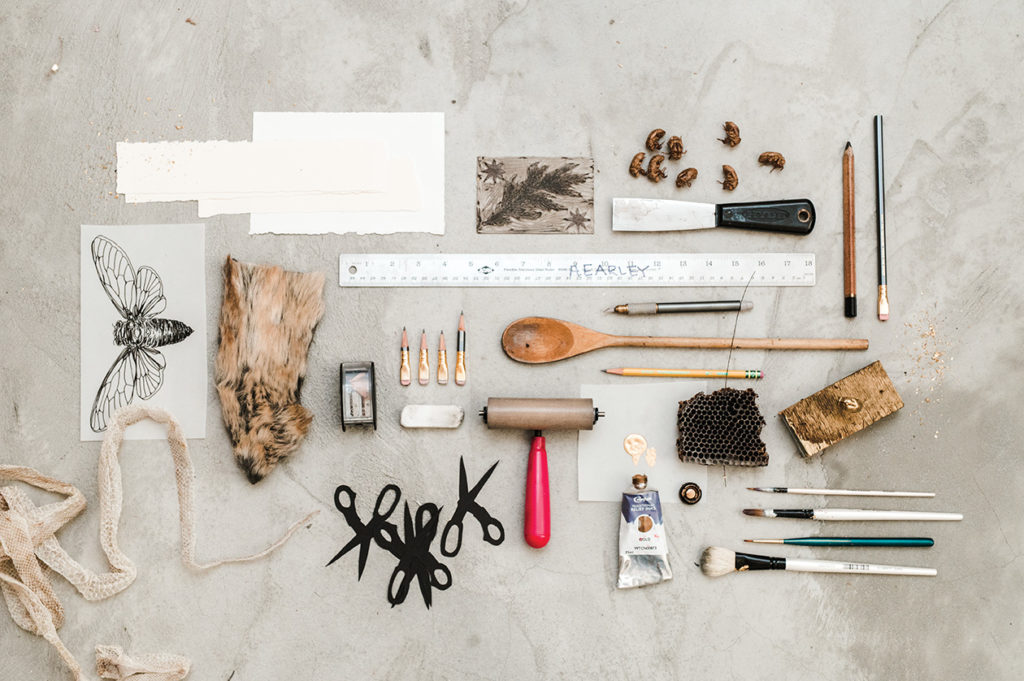 Annika Earley's tools laid out at Speedwell Projects