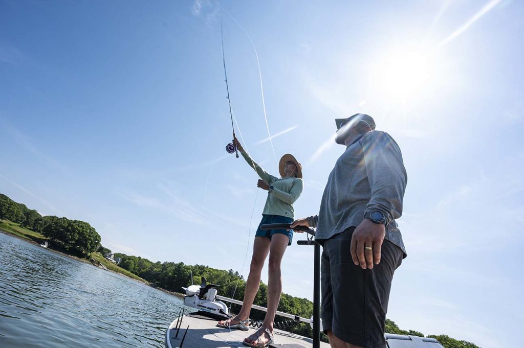 Kyle Schaefer coaches the writer through her first attempts at fly casting.