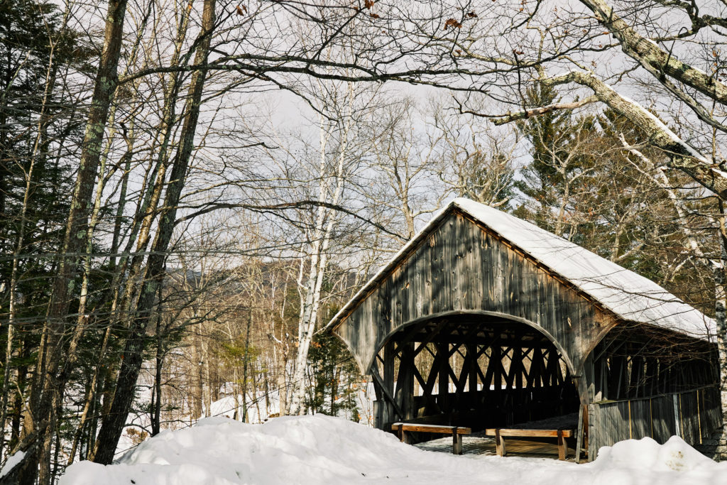 The covered bridge at Sunday River near Carter’s XC Ski Center dates back to 1872.